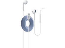 Charger l&#39;image dans la galerie, Écouteurs filaires blancs avec un port de charge et un organiseur de câble bleu.
