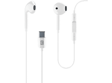 Charger l&#39;image dans la galerie, Écouteurs blancs avec un connecteur USB-C. Les écouteurs ont un bouton de commande sur le câble droit.
