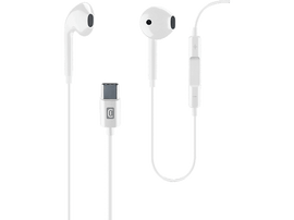 Écouteurs blancs avec un connecteur USB-C. Les écouteurs ont un bouton de commande sur le câble droit.