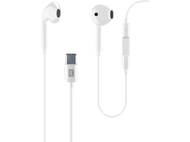 Écouteurs blancs avec un connecteur USB-C. Les écouteurs ont un bouton de commande sur le câble droit.