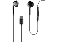 Écouteurs noirs avec un connecteur Type-C et un module de contrôle sur le câble. Fond blanc.