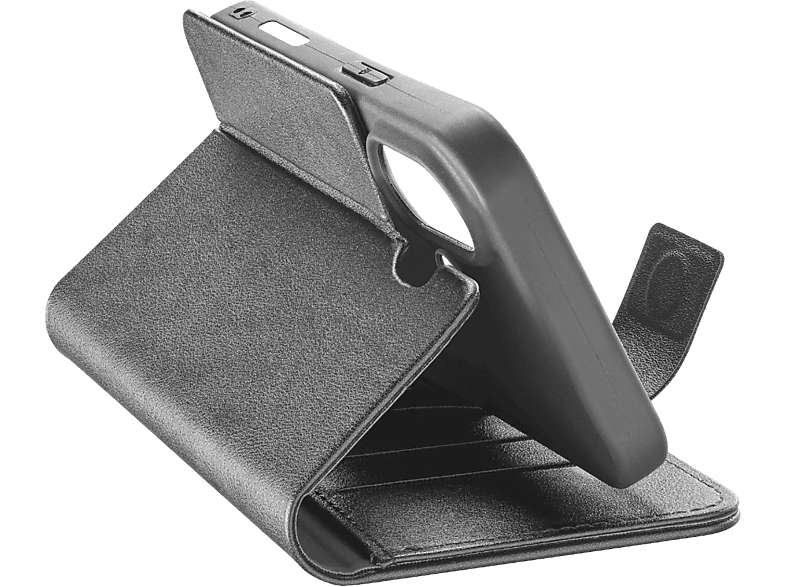 Coque de téléphone noire, pliée pour afficher un téléphone. La coque a une fente pour carte.