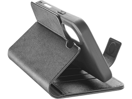 Coque de téléphone noire, pliée pour afficher un téléphone. La coque a une fente pour carte.