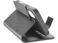 Coque de téléphone noire, pliée pour afficher un téléphone. La coque a une fente pour carte.