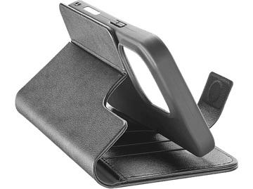 Un étui de téléphone noir en position ouverte, montrant un smartphone.