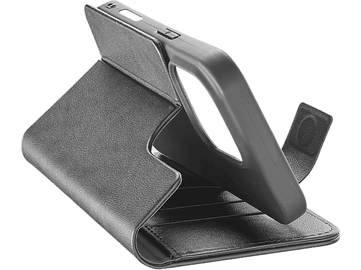 Un étui de téléphone noir en position ouverte, montrant un smartphone.