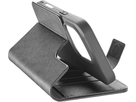 Un étui de téléphone noir en position ouverte, montrant un smartphone.