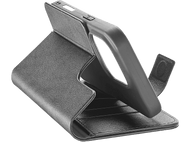 Un étui de téléphone noir en position ouverte, montrant un smartphone.