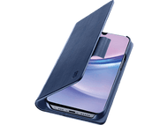 Coque de téléphone bleue avec un téléphone noir à l'intérieur. Le couvercle est ouvert.