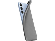 Un étui de téléphone gris est partiellement enroulé autour d'un téléphone bleu, avec les lentilles de la caméra visibles.