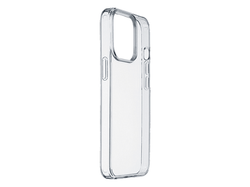 Coque de téléphone transparente, transparente, avec une vue latérale montrant les boutons et une découpe caméra.