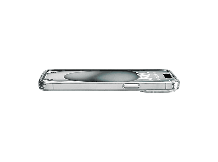 Coque de téléphone transparente avec téléphone, vue latérale.