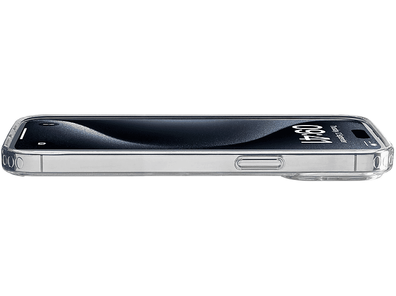 Une coque de téléphone transparente est posée sur une surface, montrant un téléphone. Le téléphone affiche l'heure et une notification.