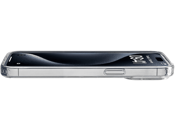 Une coque de téléphone transparente est posée sur une surface, montrant un téléphone. Le téléphone affiche l'heure et une notification.