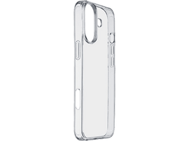 Coque iPhone transparente. Vue en angle, sur fond noir. La coque est vide.