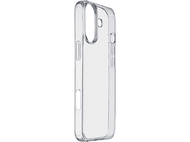 Coque iPhone transparente. Vue en angle, sur fond noir. La coque est vide.