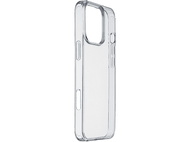 Coque de téléphone transparente avec découpes pour boutons et caméra, fond clair.