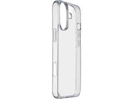 Coque de téléphone transparente sur fond noir. Vue latérale de la coque avec ouvertures pour les boutons.