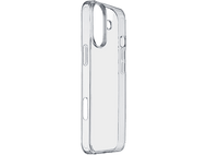 Coque de téléphone transparente sur fond noir. Vue latérale de la coque avec ouvertures pour les boutons.