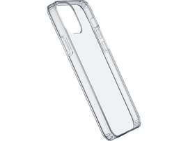Coque de téléphone transparente, vue en angle. La coque est transparente avec des découpes.