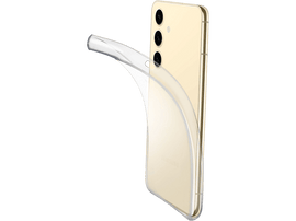 Un téléphone de couleur or dans un étui transparent. Le téléphone a trois caméras et un dos incurvé.