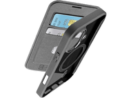 Coque de téléphone avec cartes de crédit insérées. Coque noire, cartes visibles, côté ouvert montrant l'intérieur.