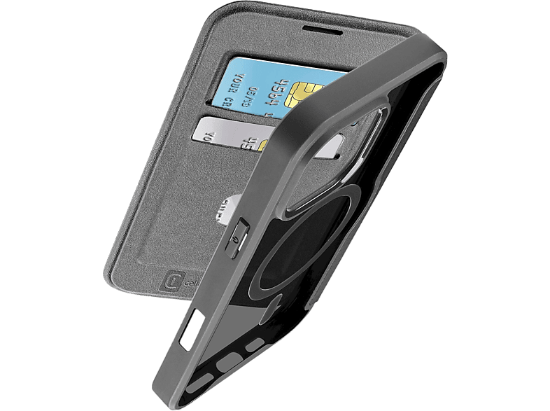 Étui de téléphone gris avec cartes. L'étui est ouvert, montrant des cartes de crédit. Étui noir.