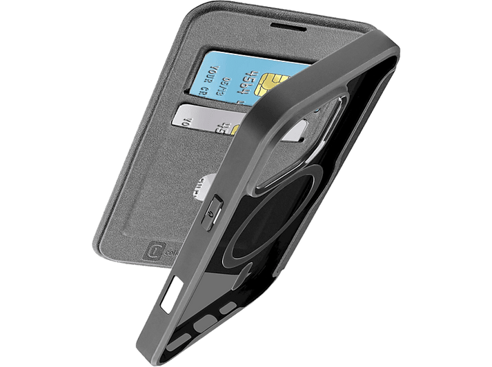 Étui de téléphone gris avec cartes. L'étui est ouvert, montrant des cartes de crédit. Étui noir.
