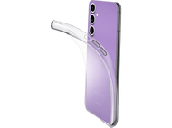 Une coque de téléphone transparente avec un téléphone violet. La coque est incurvée et le téléphone est sur fond noir.