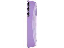 Charger l&#39;image dans la galerie, Téléphone violet, vue arrière, avec coque de protection transparente. Trois caméras, fond blanc.
