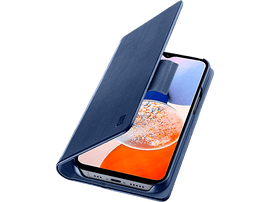 Étui de téléphone bleu ouvert, montrant un téléphone avec un écran coloré et un rabat bleu.