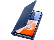 Étui de téléphone bleu ouvert, montrant un téléphone avec un écran coloré et un rabat bleu.