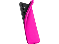 Coque de téléphone rose sur un téléphone noir. La coque est incurvée et recouvre partiellement le téléphone.