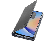 Un étui de téléphone noir avec un téléphone à l'intérieur. L'étui est ouvert, révélant l'écran.