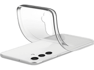 Coque transparente sur téléphone blanc. La coque se courbe, révélant les caméras et fonctions.