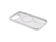 Coque transparente pour iPhone avec anneau magnétique et boutons, sur fond noir.
