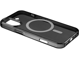 Une coque transparente pour iPhone avec un MagSafe circulaire gris. La coque est sur fond noir.