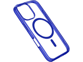 Coque de téléphone bleue avec dos transparent, avec fixation magnétique circulaire.