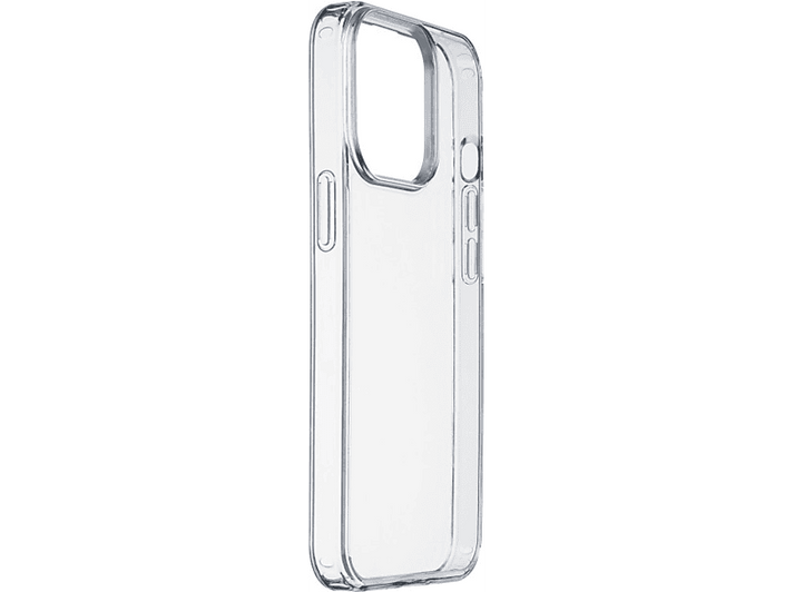 Coque transparente pour iPhone, vue latérale, transparente, montrant les boutons et les bords.