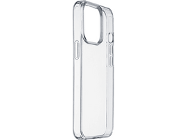 Coque transparente pour iPhone, vue latérale, transparente, montrant les boutons et les bords.