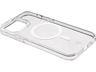 Coque d'iPhone transparente. Elle a un cercle MagSafe et une petite forme rectangulaire.
