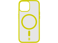 Une coque de téléphone transparente avec un contour jaune pour un iPhone. A un cercle et un rectangle pour la caméra.