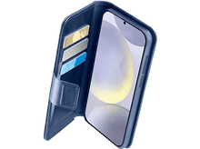 Charger l&#39;image dans la galerie, Un étui de téléphone en cuir bleu ouvert pour révéler un téléphone et des emplacements pour cartes de crédit.
