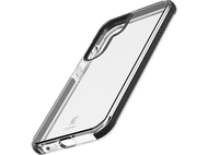 Une coque de téléphone transparente. Elle est transparente avec un cadre noir. Le logo de la marque est dans le coin.