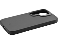Une coque de téléphone gris foncé. Elle est rectangulaire avec une découpe pour l'appareil photo et un petit logo.