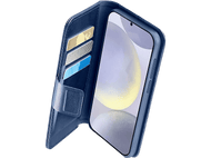 Coque de téléphone bleue avec portefeuille. Possède trois fentes pour cartes et un écran de téléphone visible.