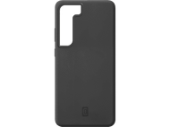 Coque de téléphone noire. Design élégant et uni avec une découpe pour l'appareil photo. Isolé sur blanc.