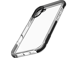 Une coque de téléphone transparente avec une bordure noire. La coque est sur fond noir.