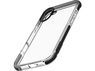 Une coque de téléphone transparente avec une bordure noire. La coque est sur fond noir.