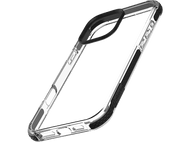 Coque de téléphone transparente avec pare-chocs noir. Plastique transparent. Fond noir.